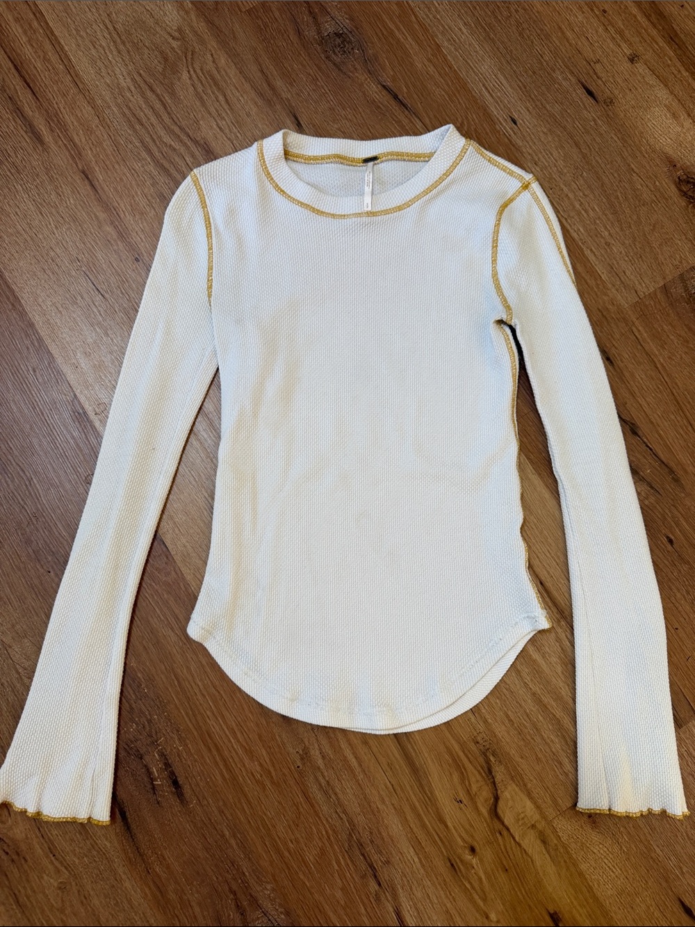 Free People White Long-Sleeve Waffle Top with Gold Trim and Zipper Cuffs, size S